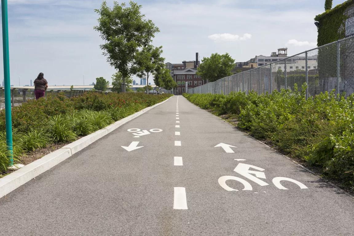 A paved pathway with painted lane markers and bicycle symbols