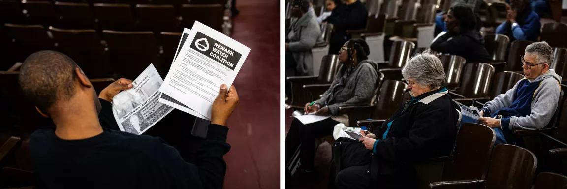 At left, a person looks at a flyer with the title "Newark Water Coalition"; at right, people sit in an auditorium