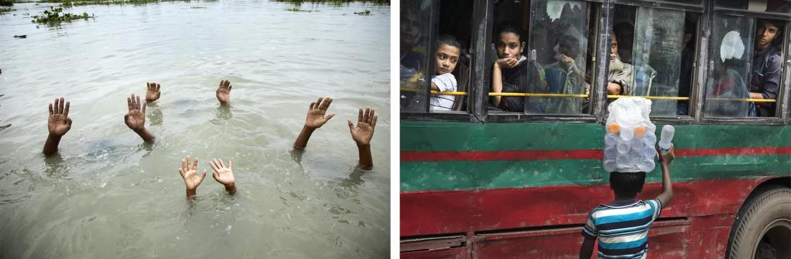 At left, people submerse themselves under murky water; at right, a boy holds bottles of water up as passengers look out from a bus