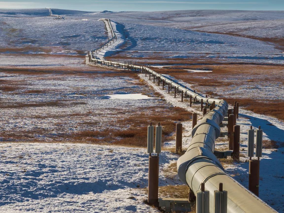A pipeline extends over a partially snowy landscape in Alaska