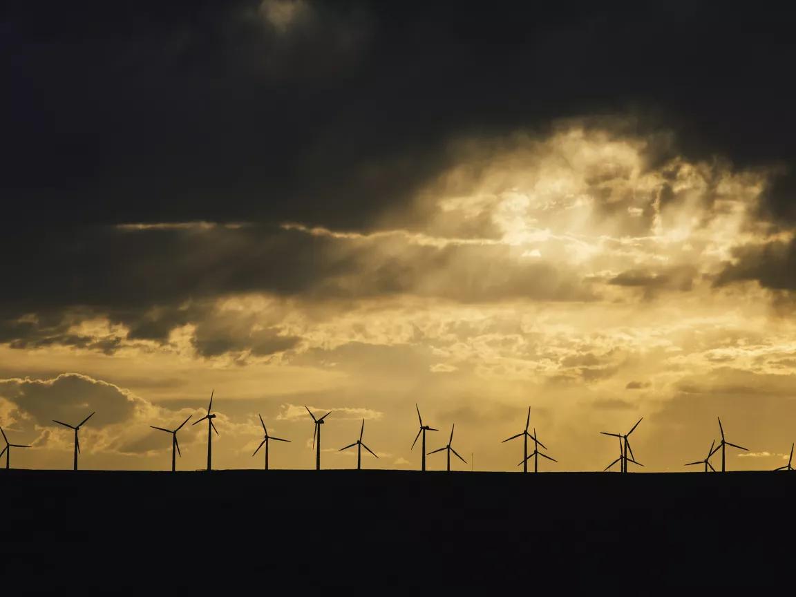 Rows of wind turbines line the horizon with a dark sky overhead