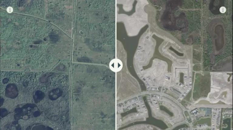 The image shows a split screen satellite photo. On the left side, the land is covered with vegetation and wetland areas. On the right side, the vegetated land cover has been replaced with roads, parking lots, and other manmade surfaces.