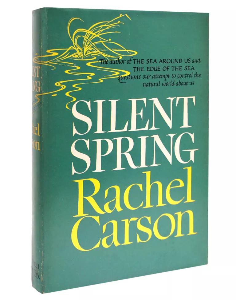 A hardcover edition of the book "Silent Spring" by Rachel Carson