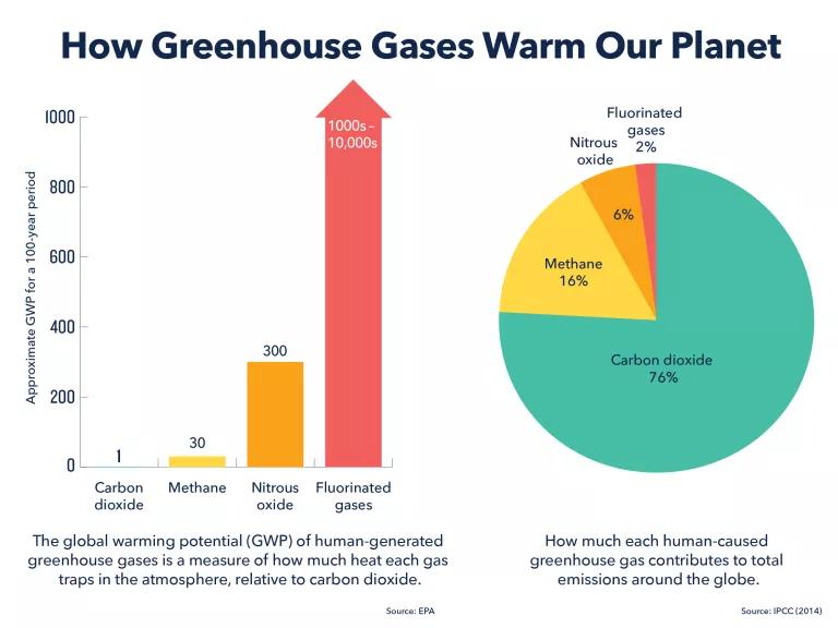 A bar graph and a pie chart under the title "How Greenhouse Gases Warm Our Planet"