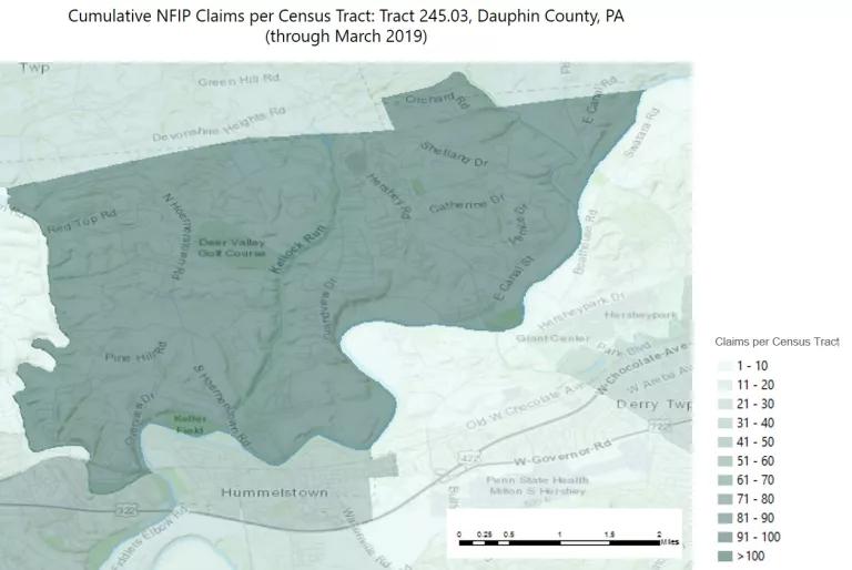 Cumulative NFIP claims per Census tract: Tract 245.03, Dauphin County, PA, as of March 2019. 