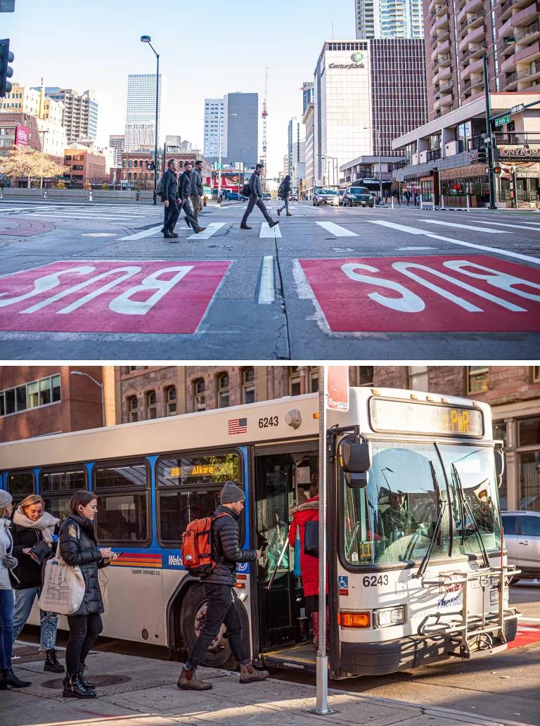 At top people cross a street with bus lanes marked on a city street with red and white paint; at bottom, people board a city bus at a bus stop