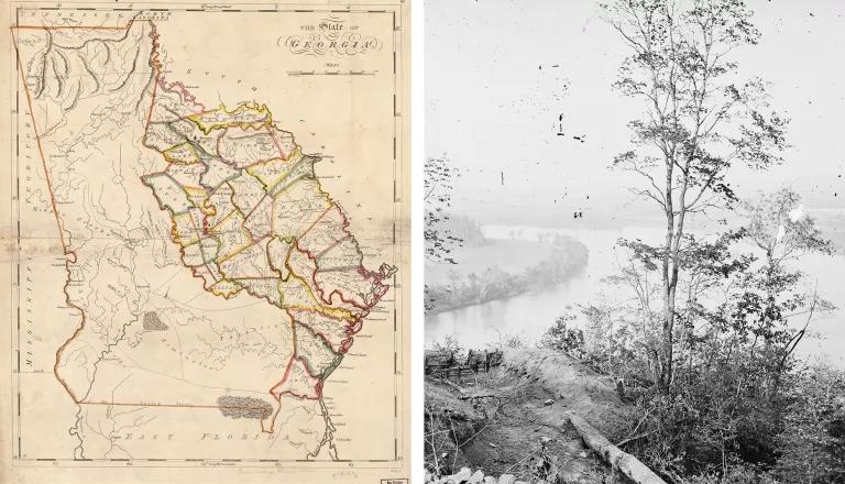 At left, a map printed on yellowed paper; at right, a black-and-white photo of a tree-lined river