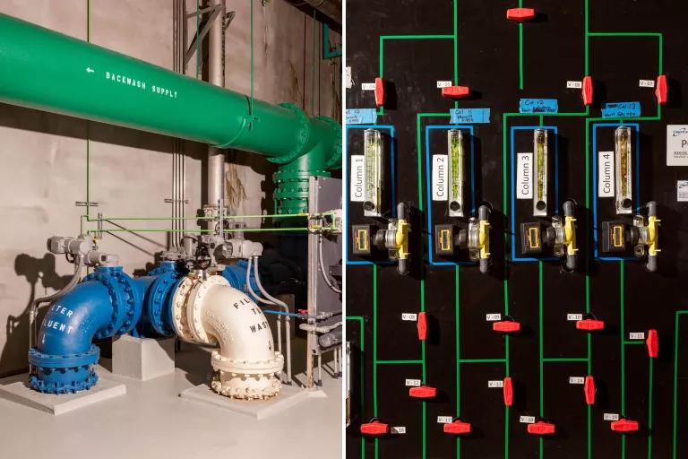 At left; large green, blue, and white pipes run through the interior of a building; at right, four glass vials with water samples are mounted to a board with various valves attached