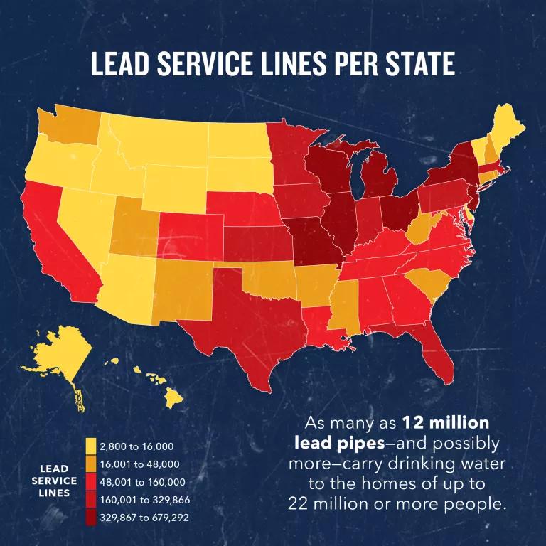 A map of the United States entitled "Lead Service Lines per State"