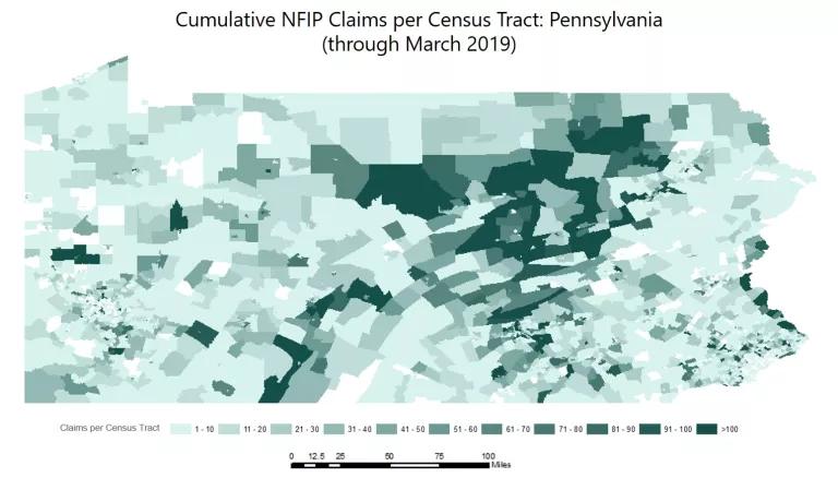Cumulative NFIP claims per census tract in Pennsylvania, through March 2019.