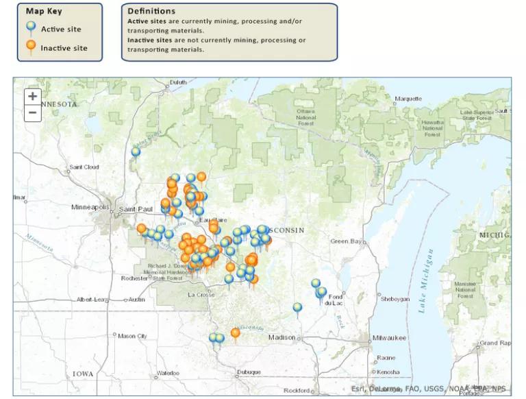 A map showing active and inactive fracking sites in Minnesota and Wisconsin