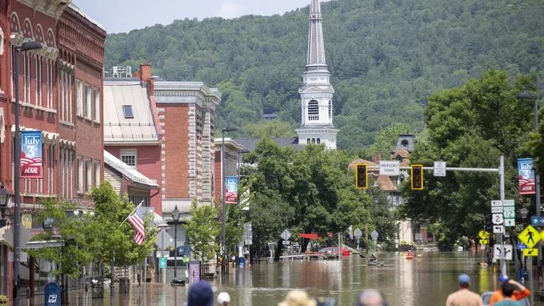 A flooded street in a New England city.