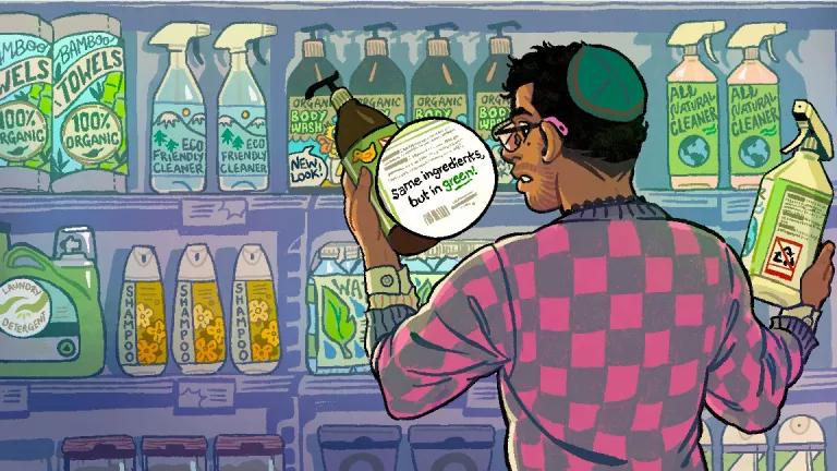 An illustration of a person standing in front of a store shelf reading labels on two different bottles of cleaner