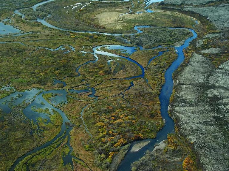 An aerial view of Upper Talarik Creek and wetlands and tundra typical of the Bristol Bay watershed, Alaska.

The creek flows into Iliamna Lake and then the Kvichak River before emptying into Bristol Bay.