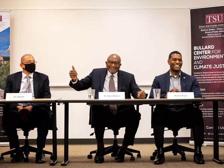 Dr. Robert Bullard speaking at an environmental justice event with EPA Administrator Michael Regan and others at Texas State University