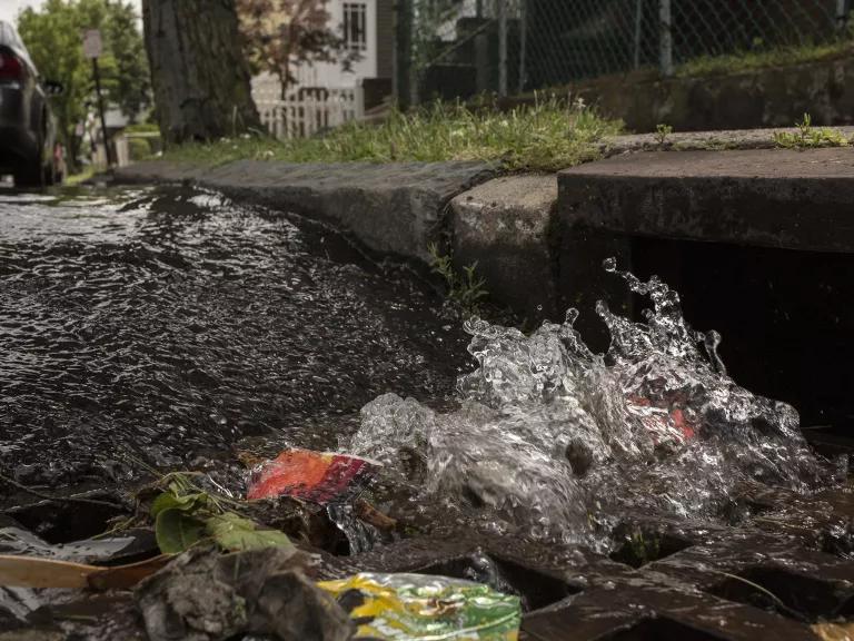 Water washes into a storm sewer partially clogged with litter.