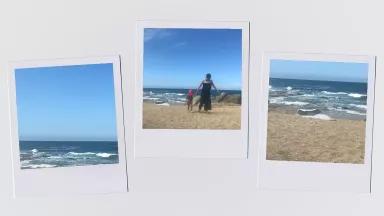 Three photos of a beach, center photo showing a woman and a child walking holding hands, looking down at the sand