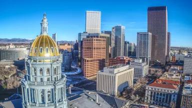 Overhead image of downtown Denver, Colorado.