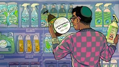 An illustration of a person standing in front of a store shelf reading labels on two different bottles of cleaner