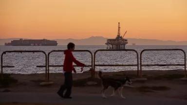 A child walks a dog on a paved walkway on a waterfront with an drilling rig in the distance offshore