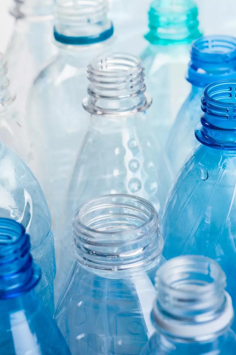 A close-up view of plastic bottles