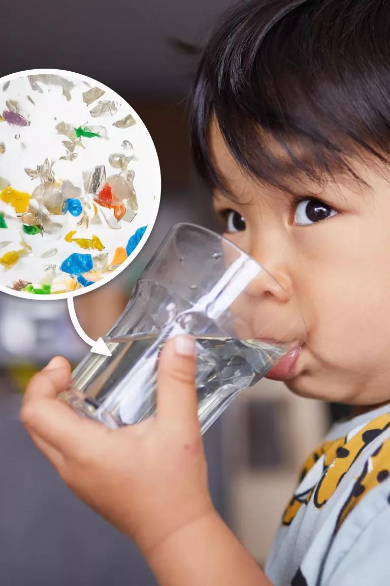 A child drinking a glass of water with a graphic pointing to the water indicating microplastics in it