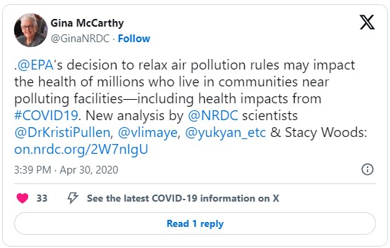 A tweet posted by Gina McCarthy
