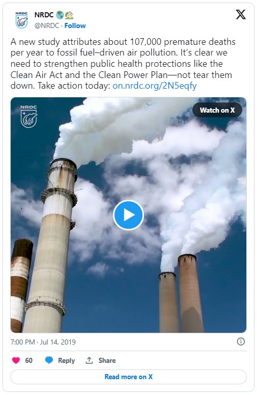 A tweet posted by NRDC about premature deaths as a result of air pollution