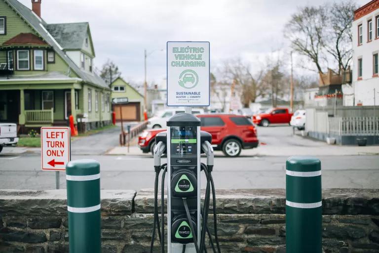 An electric vehicle charging station in Kingston, New York.