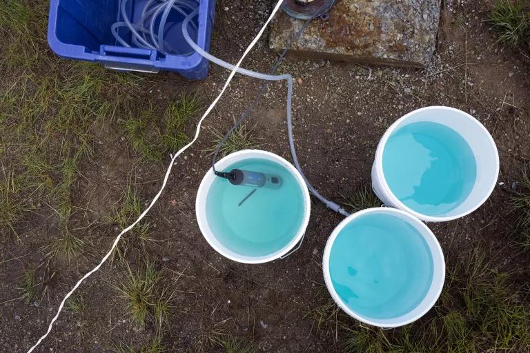 Three buckets of water with a hose and meter nearby