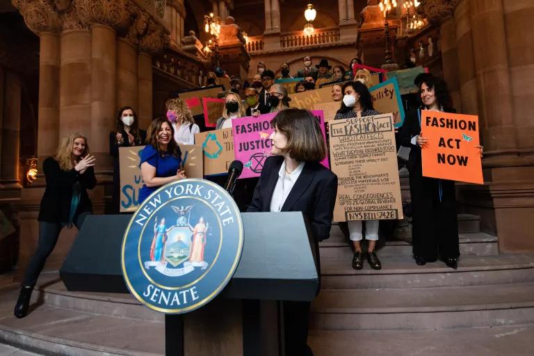Maxine Bedat of New Standards Institute rallies a crowd of activists and New York State assembly members in Albany in support of the Fashion Act.  