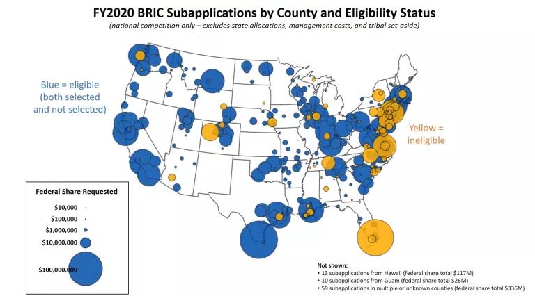 A map of the contiguous 48 states showing locations of eligible and ineligible BRIC projects. The Eastern Seaboard and Florida have large concentrations of ineligible projects, with some others in the rest of the country.