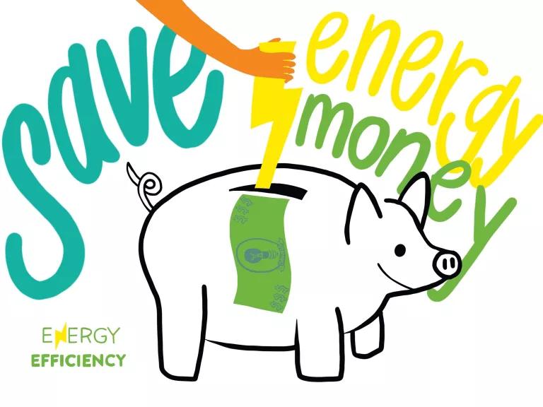 Illustration of piggy bank for money and energy savings from efficiency