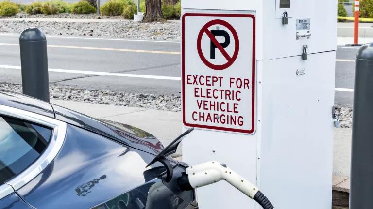 A car plugged into one of 44 electric vehicle charging stations on Oregon's West Coast Electric Highway