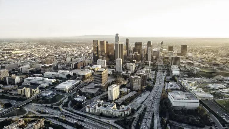 An aerial view of downtown Los Angeles, California and surrounding highways.