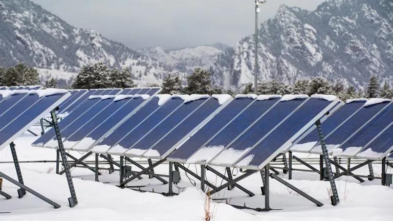 Snow melting off a photovoltaic solar panel array at the National Wind Technology Center (NWTC) in Boulder, Colorado, on November 11, 2017.