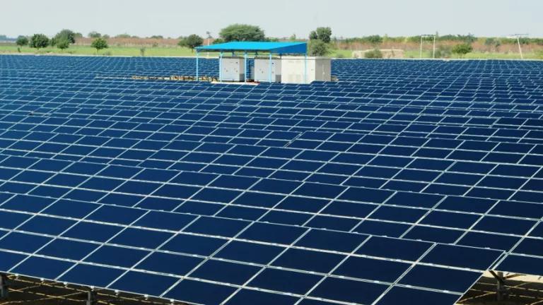 A large photovoltaic solar panel array on Kiran Energy’s 20 megawatt solar plant in Jodhpur, Rajasthan, India