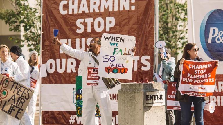 Protesters stand outside P&G headquarters with signs reading, "Charmin: Stop flushing our forests!"