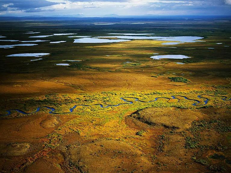 An aerial view of wetlands of Bristol Bay