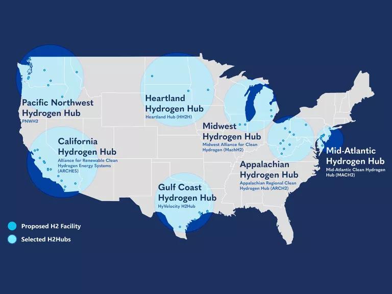 A U.S. map in shades of blue with planned hydrogen hubs and proposed hydrogen facilities marked with circles
