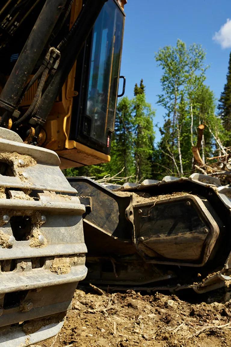 A yellow bulldozer running over cut trees with beautiful forest in the background