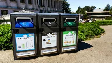 Public bins for separating waste into recycling, landfill, and compostable items on the UC Berkeley campus items) on the campus of University of California Berkeley.