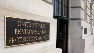 A sign on the exterior of the Environmental Protection Agency Headquarters Building
