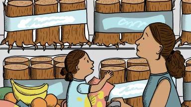 An illustration of a woman pushing a child in a shopping cart in a grocery store, with rolls of paper towels on the shelf represented by packages of tree stumps 